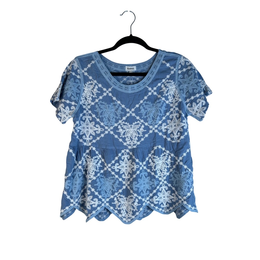 Kindred Blue Embroidered Crochet Scallop Peplum Boho Summer Top Size Medium